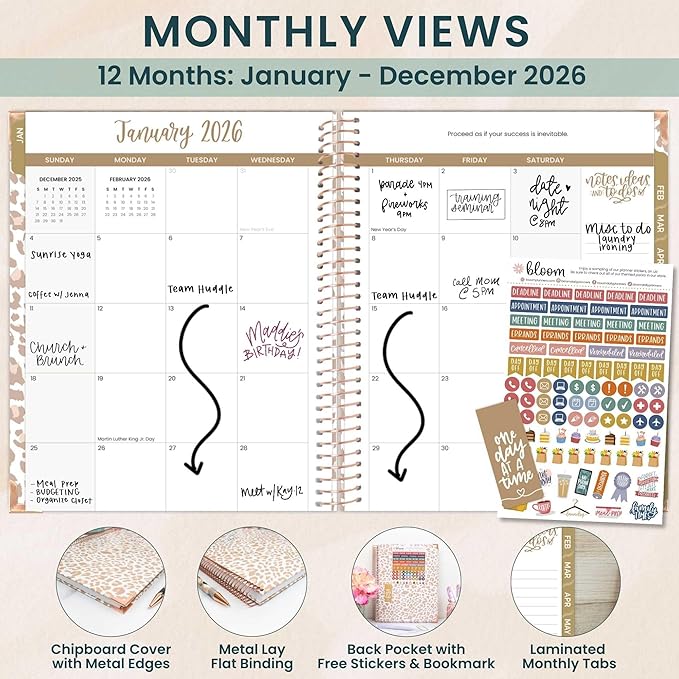 bloom daily planners HARDCOVER 2026 Planner (January to December) - 8.5” x 11” Weekly & Monthly Dated Agenda Organizer Book with Stickers & Tabs - Tan Leopard