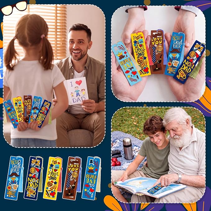 Yexiya 100 Pcs Father's Day Wood Bookmarks Bulk DIY Crafts Kit, 50 Set Blank Coloring Bookmarks with Tassel for Dad Grandpa Gifts Classroom Activity Party Favor