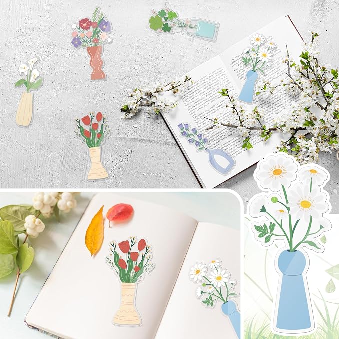 Honoson 6 Pcs Flower Vase Bookmarks Tea Garden Coquette Design Bookmarks Cute Hand Embroidered Gift for Women Mom Mother's Day Book Reading Lovers Gift