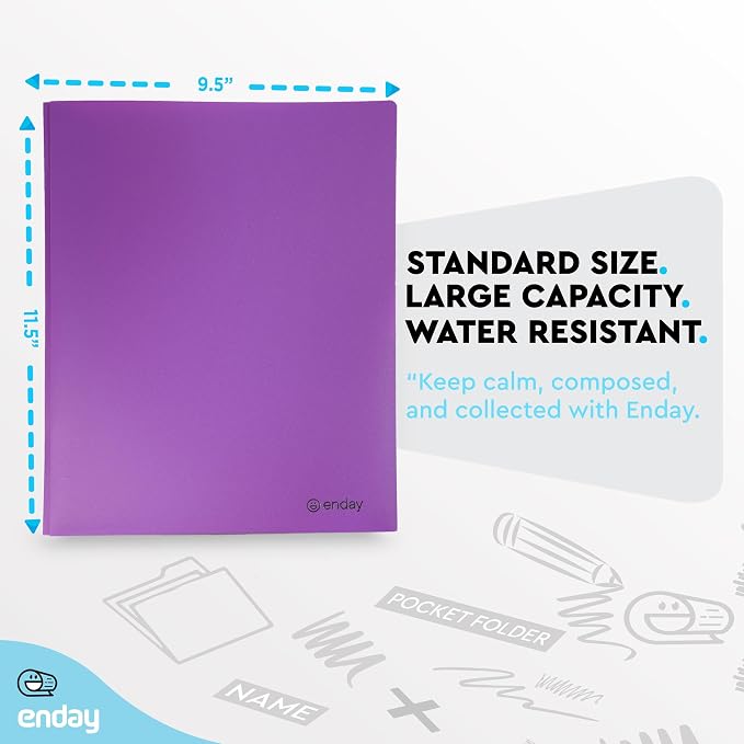 Plastic Folders with Pockets and Prongs, Two Pocket Folder with Brads, 3 Prong Folders with Pockets for Letter Size Sheets, Asstd Colors in Purple, Blue, Green, Yellow, Orange & Black, 6 Pc –by Enday