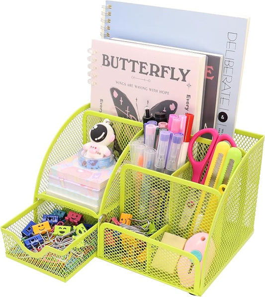 Boutilon Mesh Desk Organizer Desktop Office Supplies Stationary Organizer with 6 Compartments and 1 Drawer Multi-Functional Caddy Pen Holder for Home Office School Desk Decor(Fruit Green)