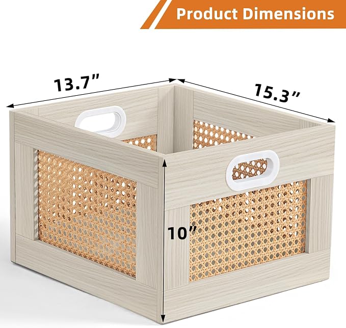 LELELINKY 2 Pack Vinyl Record Storage Crates, Rattan Vinyl Record Holder with Handle, Wood Record Crate for Vinyls Holder up to 75 LP's, Desktop Cube Album Storage for Vinyls Records(Grey White)