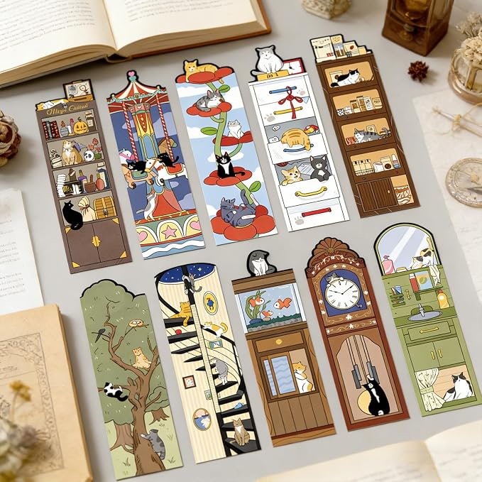 Wxiben Cat Bookshelf Bookmarks Gifts - 90 Pcs Cartoon Cats World Paper Bookmarks Book Marks Page Marker Clip Gift for Women Men Teachers Office Book Cat Lovers Bookish Reading Accessory