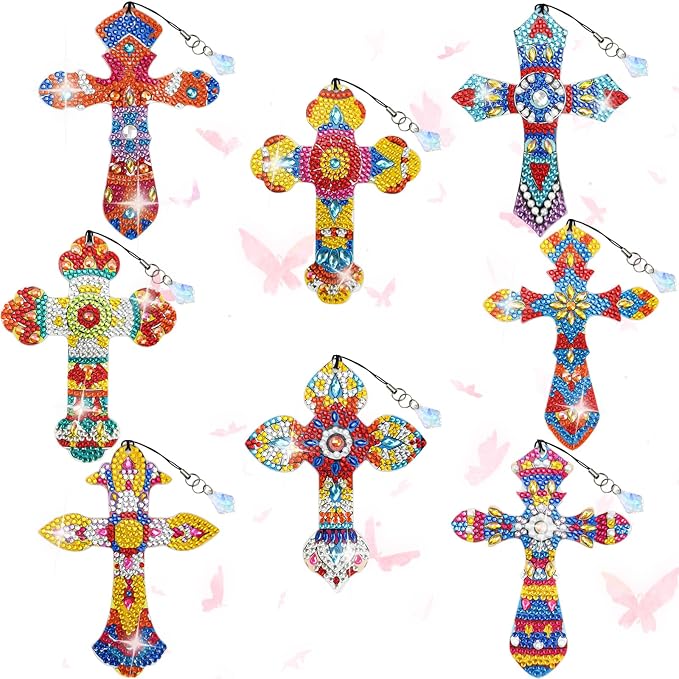 LINGFANG 8 Pcs Diamond Painting Bookmark, Diamond Art Kit for Adults, DIY Book Makers for Book Lovers, Religious Diamond Dot Beginners, Small Diamond Art Kit, Art Crafts Gift for Women (Latin Cross)