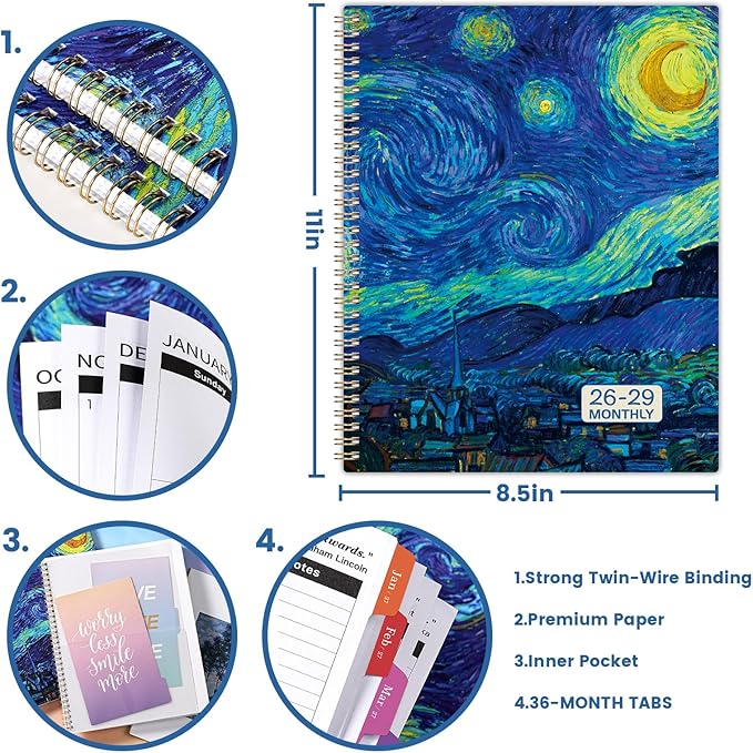 2026-2029 Monthly Planner/Calendar - 3 Year Monthly Planner 2026-2029, July 2026 - June 2029, 8.5" x 11", 3 Year Calendar2026-2029 with Colorful Tabs, Notes Pages, Inner Pocket