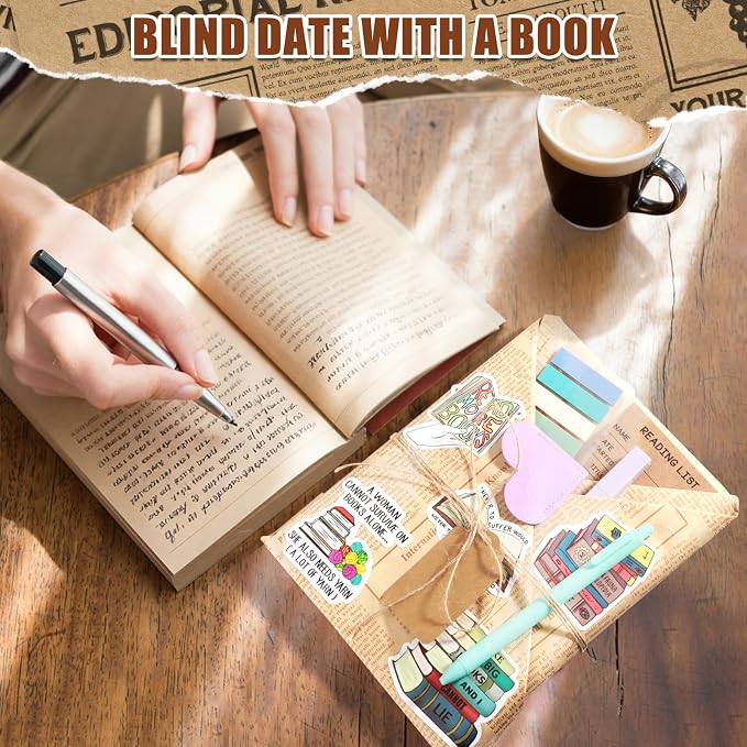 6 Set Blind Date with a Book Supplies, DIY Book Lovers Gifts Including Kraft Paper Index Tabs Reading List Bookmark Heart-Shape Bookmark Kraft Tags Ballpoint Pens Highlighters and 50 x Book Stickers