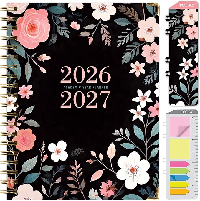 HARDCOVER Academic Year 2026-2027 Planner: 14 Months (May 2026 Through June 2027) 8.5"x 11" Daily Weekly Monthly Planner Yearly Agenda. Bookmark, Pocket Folder and Sticky Note Set (Black Floral Pink)