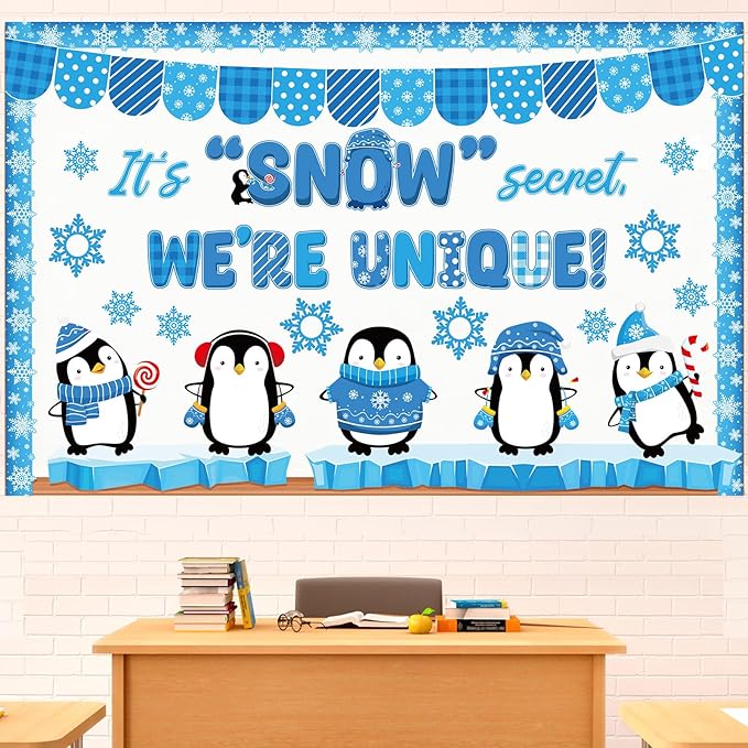 Pasimy Winter Penguin Bulletin Board Decorations January Bulletin Board Set Holiday Classroom Decor Snowflake Cutouts Border Trim for Kindergarten School Home Office Wall Door Party Supplies