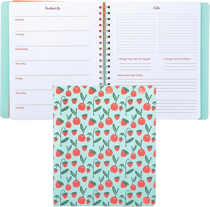 ban.do Undated Weekly Planner, Concealed Spiral Notebook with Stickers, To-Do Lists, Guided Wellness Journal, Daily Organizer for School or Office (Cherries and Strawberries Teal)