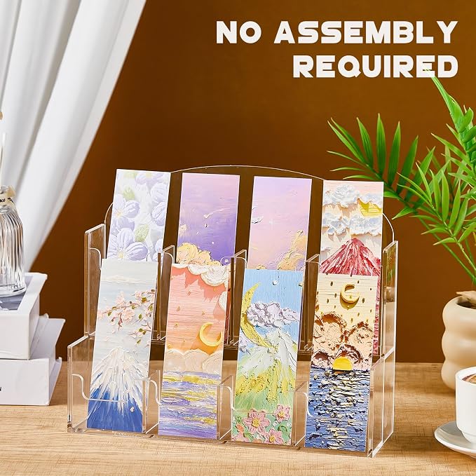 Yuntau Acrylic Bookmark Display, Adjustable 2. 2'' Bookmark Stand, Portable Sticker Holder, Curved Pockets Greeting Card Display for Business Vendor, Retail Store Shop(Integrated,8 Pockets)