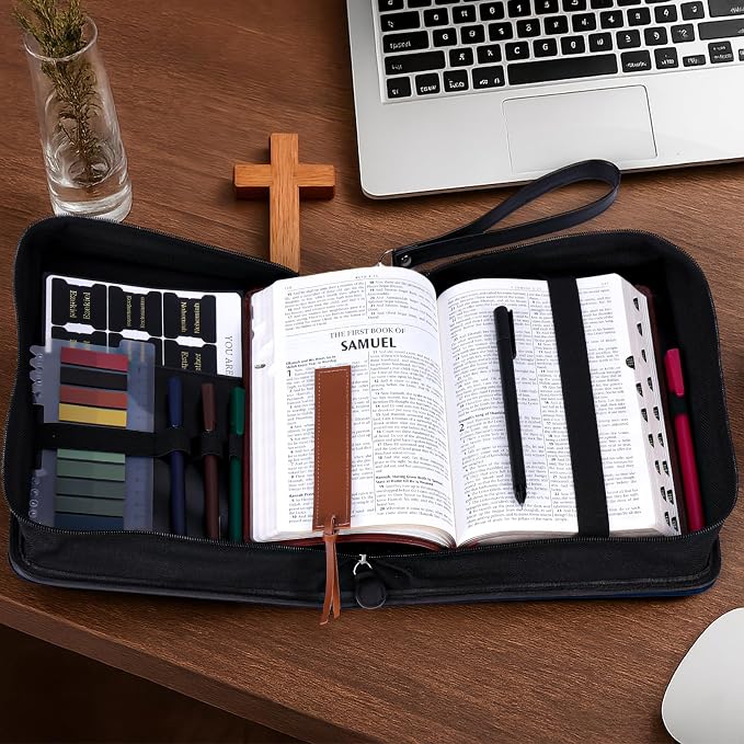 XKDOUS 20 Pcs Men's Bible Cover Kit Leather Carrying Book Cases Large Bible Bag with Handle, Study Supplies Carrier Organizer Father Day Christian Gift for Dad, Mom, Men, Women