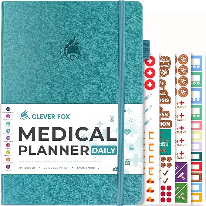 Clever Fox Medical Planner Daily – Health Diary Notebook, Wellness Journal & Self-Care Logbook, Lasts 3 Months, 7x10.5″ (Aquamarine)