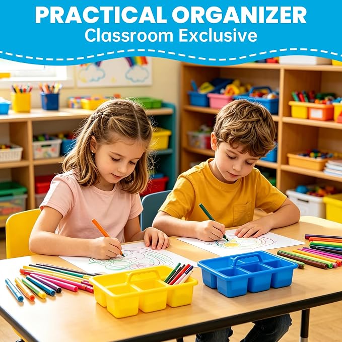 8 PCS Classroom Caddy, Plastic Caddy Organizer with Handle, Art Supply Organizer with 5 Compartment Small Portable Storage Bin for Classrooms, Office, and Home, 8”×5.7”×3”， Assorted Colors