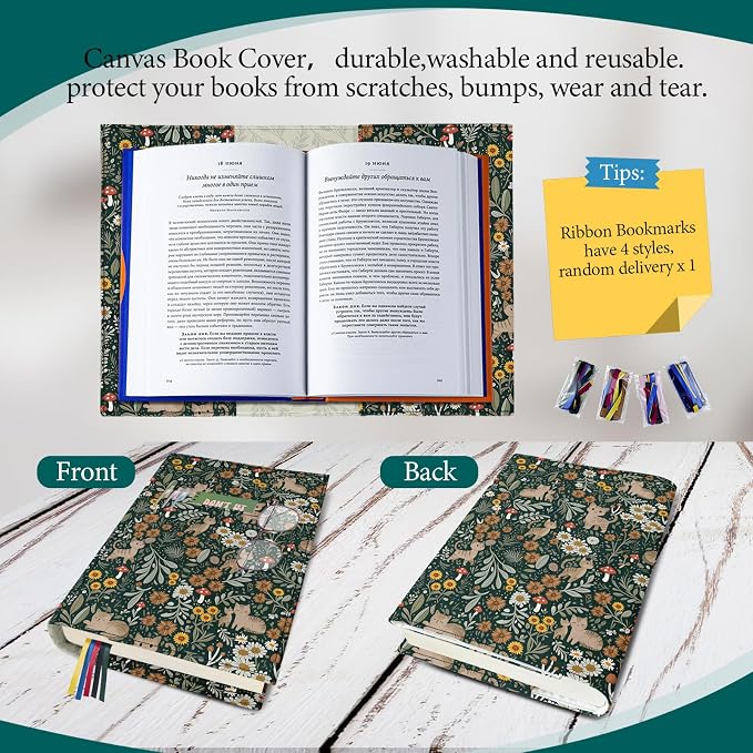 Cute Cat Book Cover for Paperbacks,Adjustable Washable Soft Canvas Fabric Book Cover with Pocket Bookmark,Double Side Floral Print Book Protector Covers for Hardcover Book Lover Gift Women