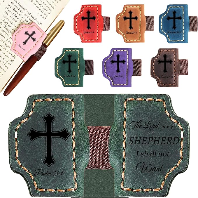 Personalized Leather Bookmark with Pen Holder - Magnetic Bible Verse Design, Christian Book Lovers Reading Accessory, for Book Lovers Men Women (Green, Psalm 23:1)