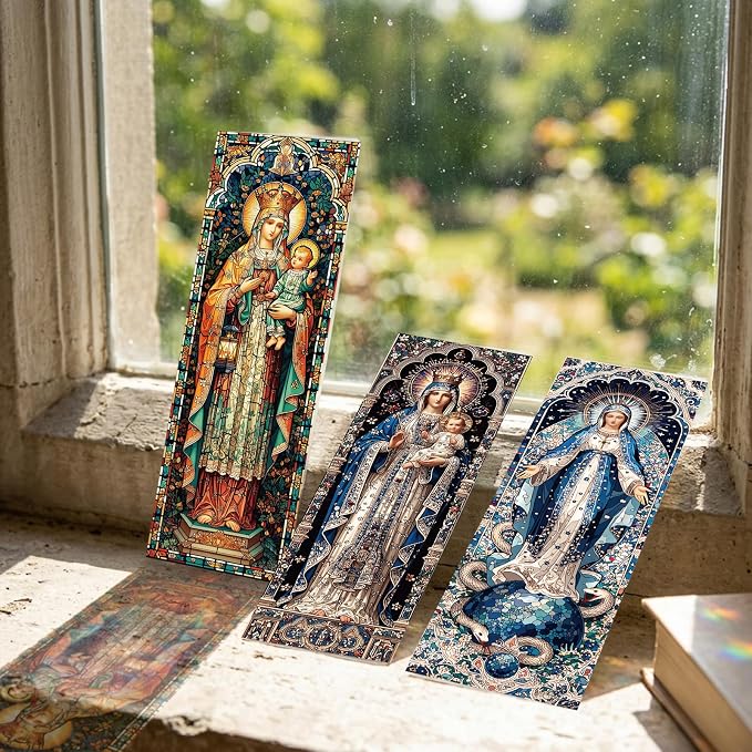 10 Pcs Stained Glass Bookmarks, Catholic Virgin Mary Transparent PVC Bookmark Bulk for Women Man, Christian Religious Book Mark for Reading Lovers Accessories Gifts
