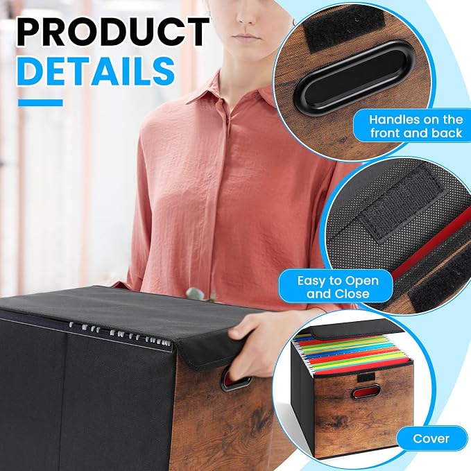 Cinnvoice File Organizer Box with Wood Grain Pattern, Hanging Collapsible File Storage Bins with Lid Plastic Slides for School Classroom Office Organizer, Rustic Brown Desk Storage