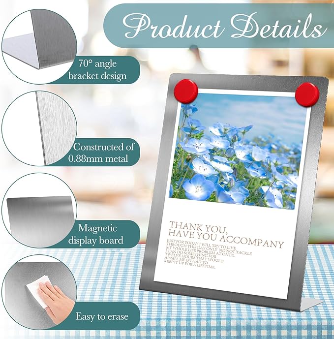 Fainne 2 Pcs Magnetic Bulletin Board with Easel Stand Mini Magnet Metal Tabletop Memo Display Board for Back to School Menu Table Office Supplies (Silver,11 x 8.5 Inches)
