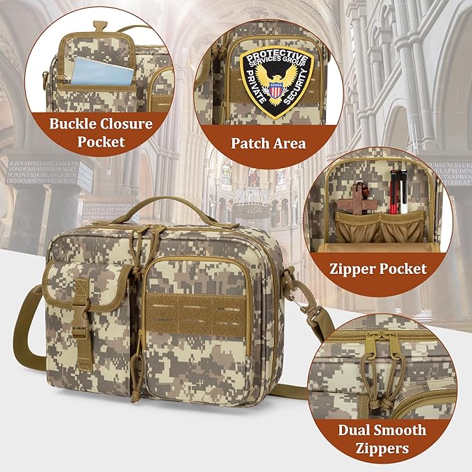 Damero Bible Cover for Men, Bible Carrying Case Church Bag with Multiple Pockets, Bible Case with Top Handle and Shoulder Strap, Camo