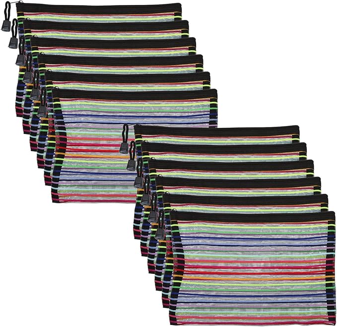 PATIKIL Mesh Zipper Pouch, 12 Pack Nylon A5 Size Pen Pencil Case Document Toiletry Cosmetic Makeup Zipper Travel Pouch Organizer for Office, Black