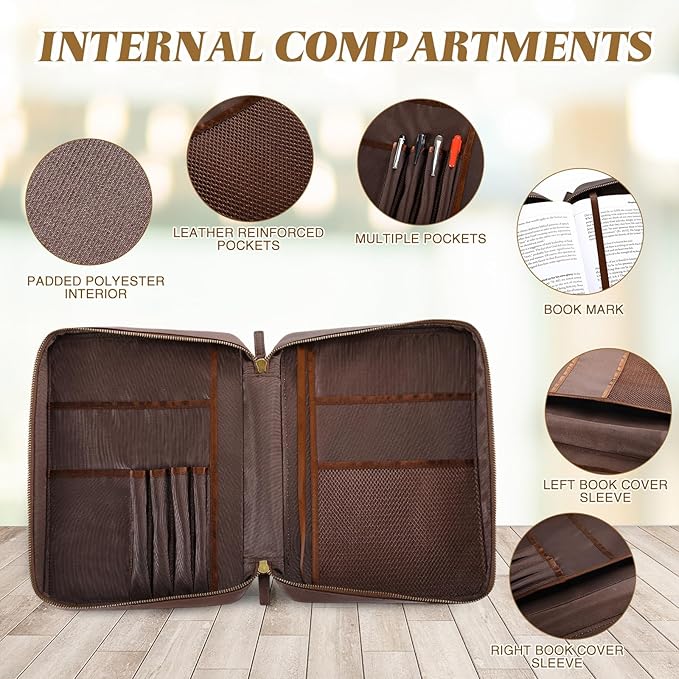 Top Grain Buffalo Leather Bible Cover Christmas Real Leather Bible Book Cover with Handle, Pocket, Zipper, Book Protective Holder Christian Religious Carrying Case Organizer Portfolio