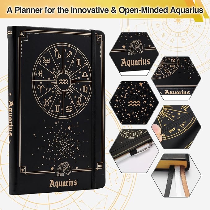 AuroPlanner Aquarius Zodiac Undated Planner – Monthly Weekly Daily Astrology Portable Journal Notebook, A5 (5.8” × 8.3”), 160 Pages 4-Month Layout, 100 GSM Paper