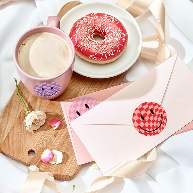 Whaline 1000Pcs Checkered Smile Face Stickers Roll Happy Face Decal Stickers Colorful Round Label Stickers Reward Adhesive Stickers for School Teachers Students Rewards Party Favor Supply