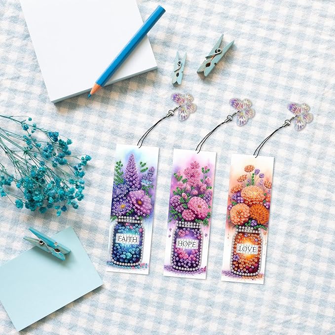 ARTopet 3Pcs DIY Diamond Art Painting Bookmarks with Colorful Butterfly Pendant PET Bookmark Ornament Double Sided Pattern Single Sided Diamond Book Marker Clip Gifts Tags-Bouquet