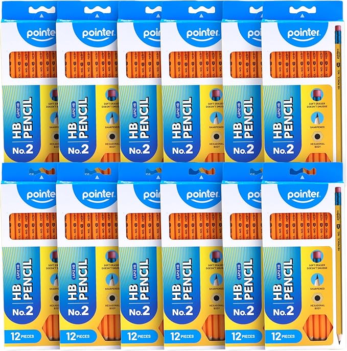 Pointer No.2 HB Pencils, Bulk Pack of 144 – Pre-Sharpened Wood-Cased Pencils with Soft Erasers, Hexagonal Body, Yellow for School, Office & Testing