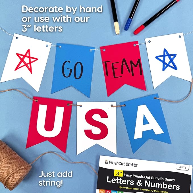 80 pcs Paper DIY Banner Flags Patriotic RED, WHITE AND BLUE Pennant Banners, Large (3.75 x 5 in), US Made Card Stock Punch Out Blank Pennants for 4th of July Party Decorations, Festive Parties