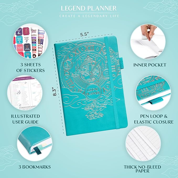 Legend Planner – Undated Weekly & Monthly Life Planner to Hit Your Goals & Live Happier, Organizer Notebook & Productivity Journal, A5 (Turquoise, Gold)