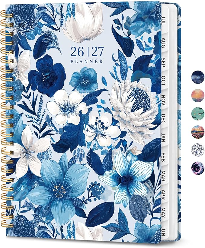 Planner 2026-2027, Monthly and Weekly Calendar Academic Planner July 2026 - June 2027, Hardcover Student Teacher Planning Agenda Book with Tabs, Perfect for Office School Supplies, A5 (6.3" x 8.5") - Sapphire Bloom