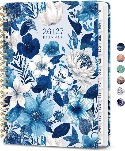 Planner 2026-2027, Monthly and Weekly Calendar Academic Planner July 2026 - June 2027, Hardcover Student Teacher Planning Agenda Book with Tabs, Perfect for Office School Supplies, A5 (6.3" x 8.5") - Sapphire Bloom