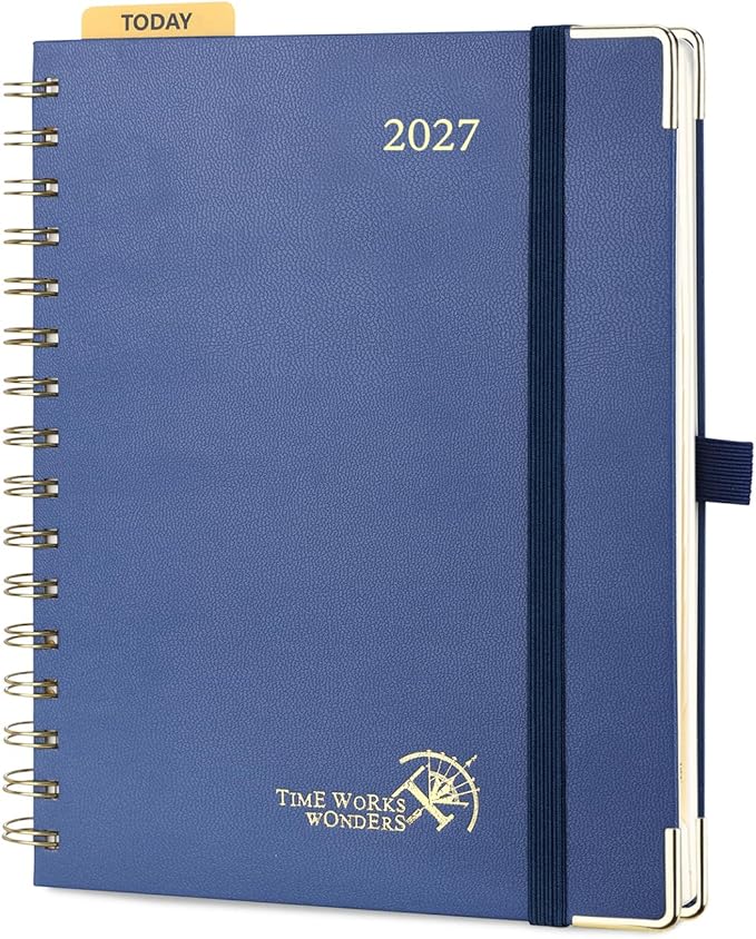 POPRUN 2027 Planner Daily Weekly and Monthly Calendar with Hourly Schedule(Medium Size 8.5'' x 6.25'' Wire-Bound Hard Cover) - Agenda 2026 (Jan.2027-Dec.2027), Monthly Tabs - Navy Blue