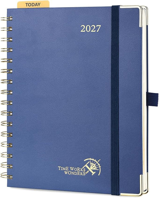 POPRUN 2027 Planner Daily Weekly and Monthly Calendar with Hourly Schedule(Medium Size 8.5'' x 6.25'' Wire-Bound Hard Cover) - Agenda 2026 (Jan.2027-Dec.2027), Monthly Tabs - Navy Blue