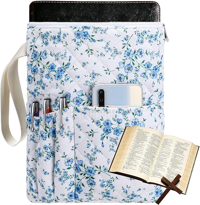 Gilprop Blue Floral Bible Book Sleeve with Zipper 11" x 9" Padded Protector Washable Quilted Book Covers Printed Bible Pouch with Handle Pockets Protector for Books Lover Mother's Day Christian Gifts