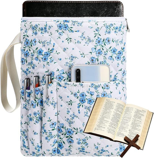 Gilprop Blue Floral Bible Pouch Sleeve for Women Girls 11" x 9" Padded Blue Quilted Bible Cover with Handles and Zippers for Books Lover Graduation Birthday Gifts Back to School Study Supplies