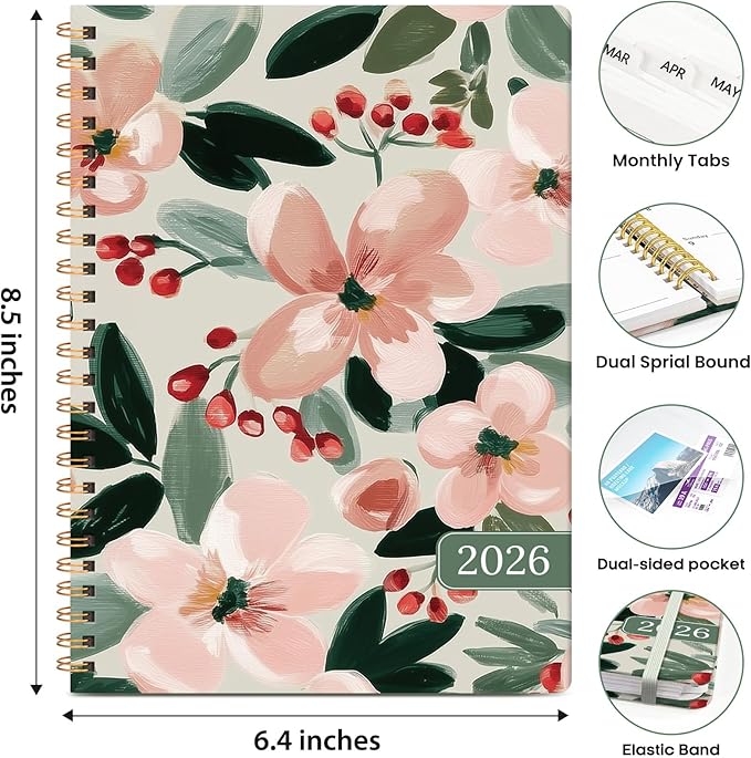 2026 Planner, Weekly and Monthly Calendar Planner Book, January 2026 - December 2026, Hardcover Spiral Planner with Monthly Tabs, Notes Pages, Perfect for Women & Men, A5 (6.4" x 8.5") - Blush Flower