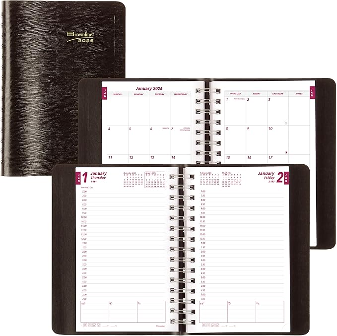 Brownline® 2026 Essential Daily/Monthly Planner, Appointment Book, 12 Months, January to December, Twin-Wire Binding, 8" x 5", Black (CB634W.BLK-26)