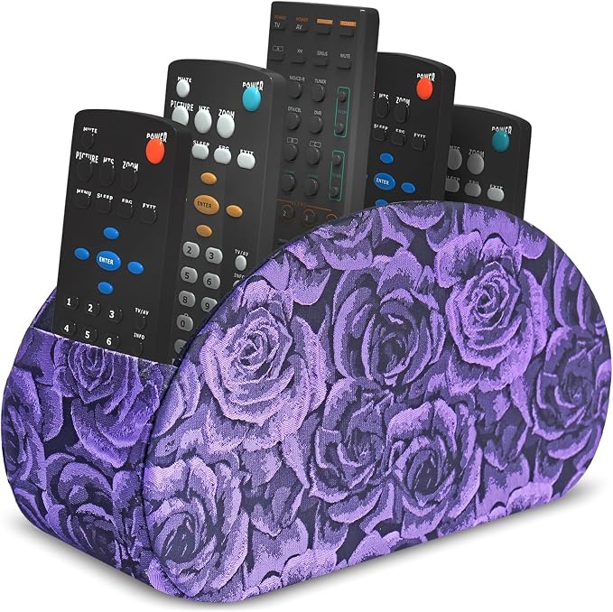 Remote Control Holder, PU Leather Remote Caddy Desktop Organizer with 5 Spacious Compartments for TV Remotes/Media Controllers/Office Supplies (1-3D Rose Purple