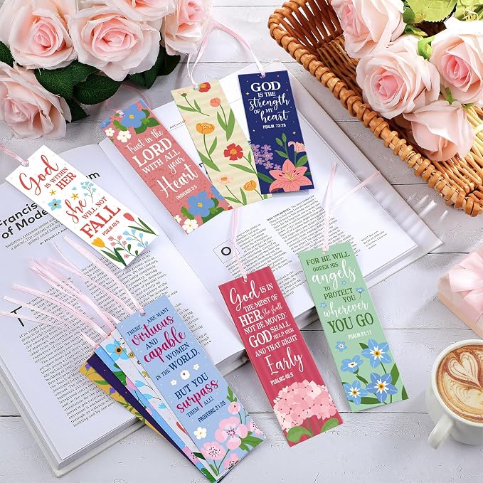 PerKoop 60 Pcs Mother's Day Bible Verse Bookmarks Bulk for Women Woman of God Christian Scripture Religious Flower Bookmarks with Ribbons for Mom Mother's Day Appreciation Gifts Church Supplies