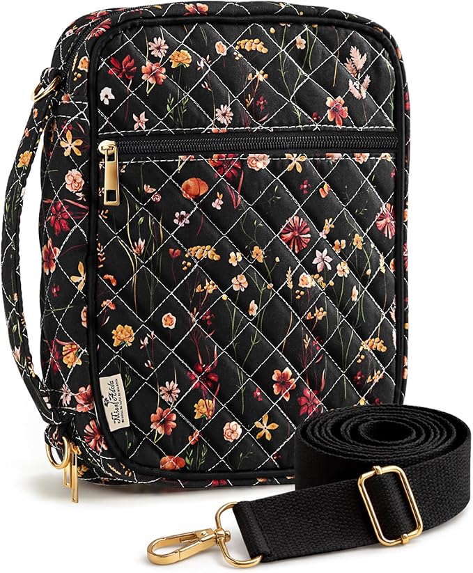 Miss Adola Bible Cover Case for Women - Quilted Bible Carrying Case Organizer Study Bag with Zipper Handle and Shoulder Strap Black Vintage Floral Book Cover for Teen Girls