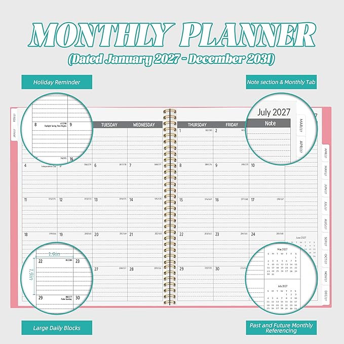 2027-2031 Monthly Planner 5 Year Monthly Planner/Calendar 2027-2031, Jan 2027 – Dec 2031, 9" x 11", Tabs, Double-Side Pocket, Holidays, Thick Paper - Pink