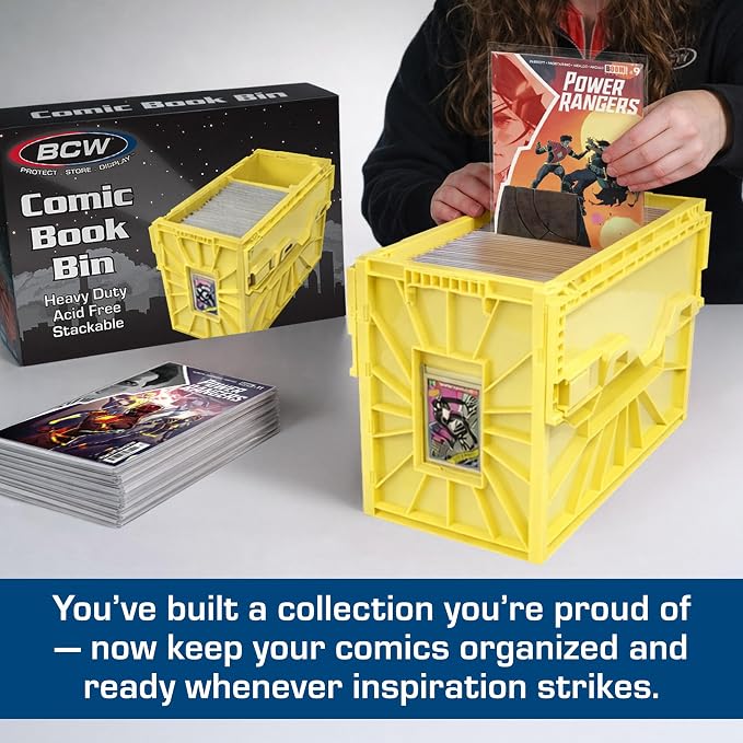 BCW Short Comic Book Bin | Holds 150 Comics | Stackable Plastic Storage | Acid-Free Organizer | Yellow, 5 Pack