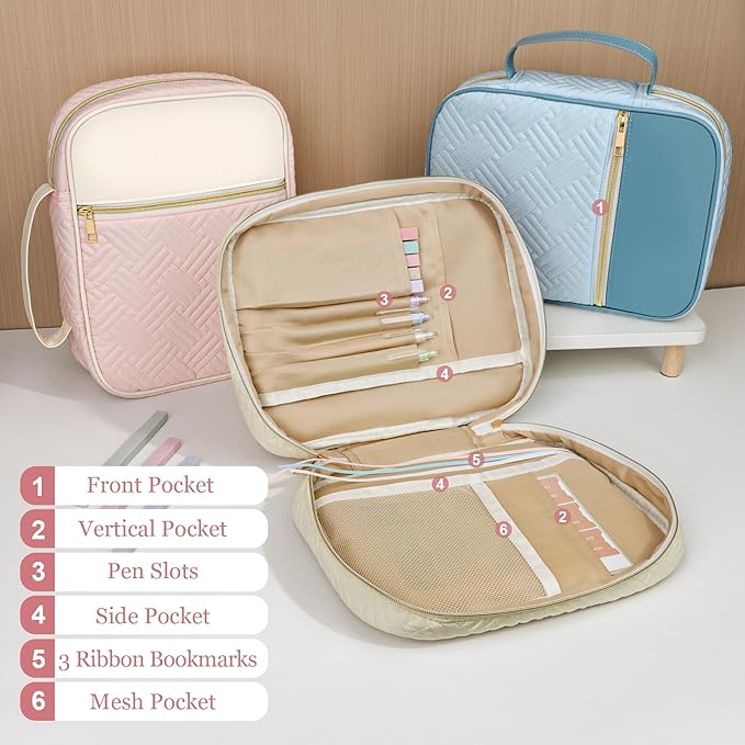 Ndsox Bible Cover Case with Handle for Women, Quilted Fabric & Vegan Leather Carrying Book Case Church Bag Bible Study Supplies Accessories Christian Gifts for Mother Lady Women Men, White & Pink