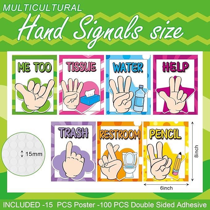 MotiMind 15 Pcs Classroom Hand Signal Cards Signal with Adhesive Tapes Decor Classroom Learning Bulletin Board Hand Signals Language Posters for Teachers Students Visual Cues(Rainbow)