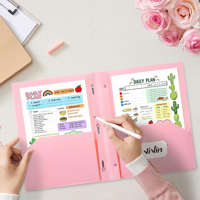 ViVin Sturdy Plastic Folder with Pockets,12 Pack,Heavy Duty Two Pocket 3 Prong Folders,Holds Letter Size Paper,File Folders with Business Card Slot for School Home and Office(Pink)
