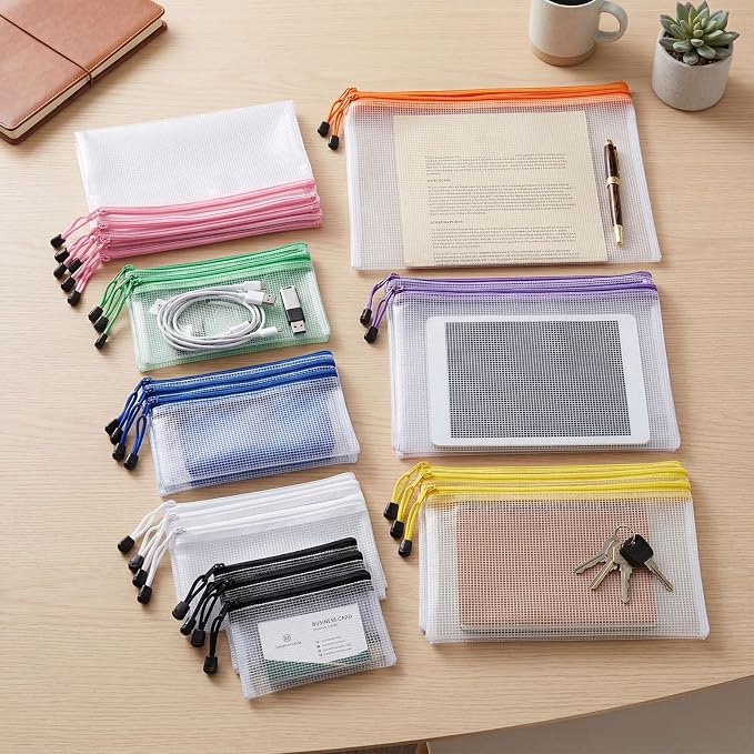 Handepo 200 Pcs Multisize Mesh Zipper Pouch Bulk 8 Sizes Plastic Zipper Bags, 8 Color Waterproof Mesh Pouch Multipurpose for Travel School Graduation Supplies Office Appliances Home Organization