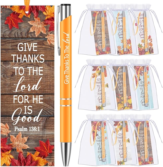 Dispowreath 36 Pcs/ 18 Sets Christian Thanksgiving Gifts Bulk, Include 18 Give Thanks Pen 18 Psalm 136: 1 Fall Religious Bible Verse Bookmarks Church Autumn Exchange Gifts for Party Favors
