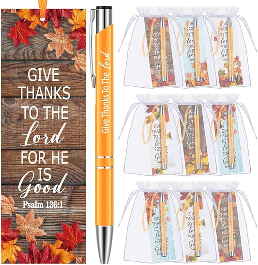 Dispowreath 36 Pcs/ 18 Sets Christian Thanksgiving Gifts Bulk, Include 18 Give Thanks Pen 18 Psalm 136: 1 Fall Religious Bible Verse Bookmarks Church Autumn Exchange Gifts for Party Favors